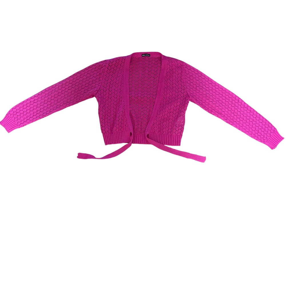 Pink Crochet Knit Cropped Tie Front Cardigan Sweater Made in Italy Womens S Wool